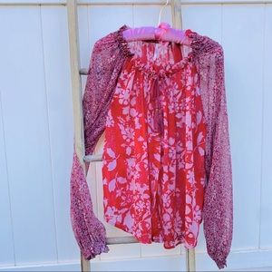 Free People bohemian lightweight red floral bishop sleeve tassel-tie peasant top